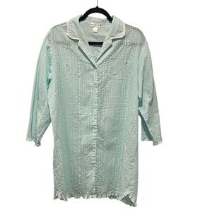 Miss Elaine Aqua and white seersucker long sleeve button down night shirt Large